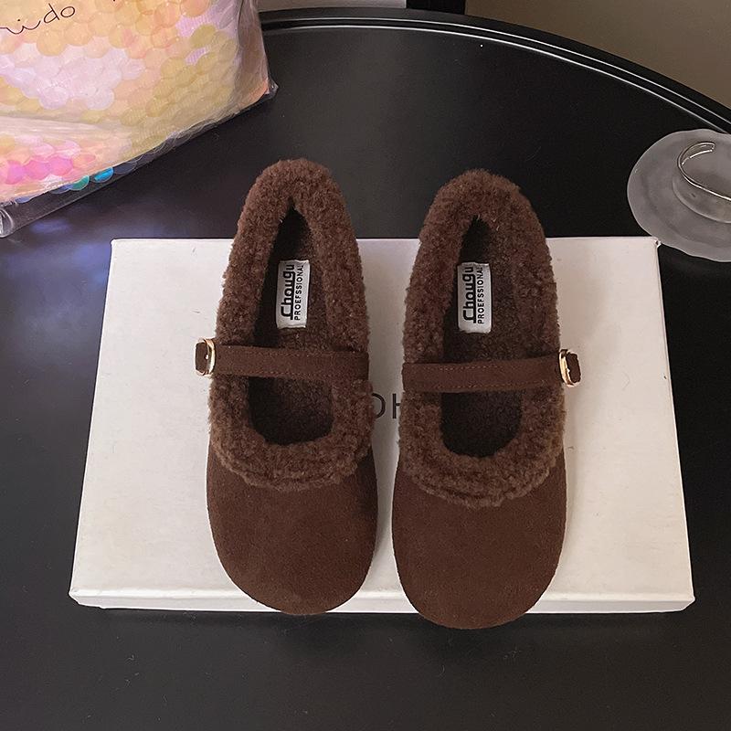 

Женские туфли с круглым носком и плоской подошвой, с мехом «мао-мао», новинка осени и зимы 2025 года, повседневные теплые женские хлопковые туфли 40 темно-коричневого