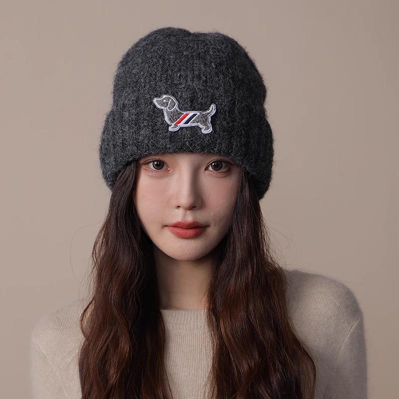 Cute Puppy Woolen Hat for Women In Autumn and Winter Plush Big Head Circumference Versatile Hat Ear Protection Bag Head Knitted Hat Cold Hat