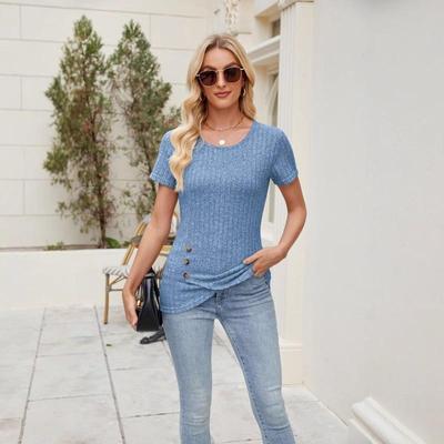 Women's New Solid Colour Round Neck Fashion Button Ruffle Short Sleeve Top