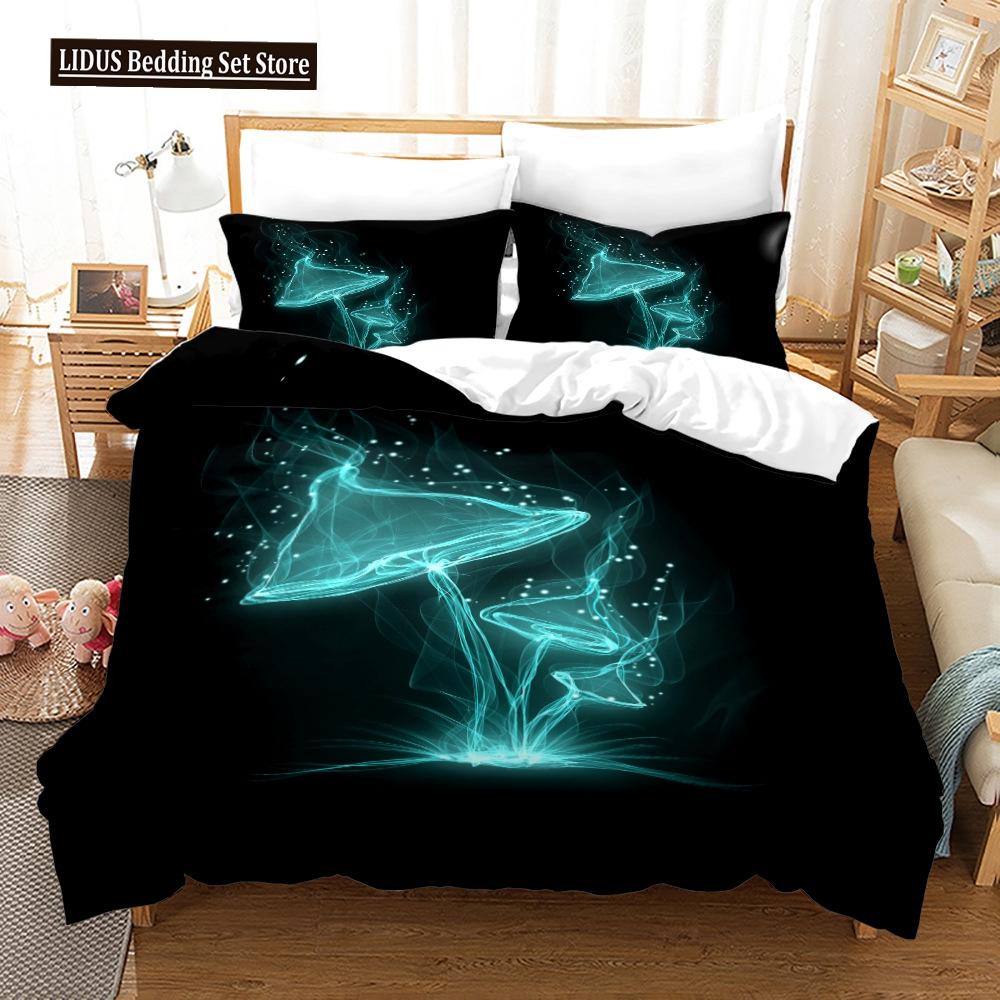 Mushroom Duvet Cover Set King Queen Size Star Purple Blue Trippy Mushroom Pattern Cartoon Polyester Bedding Set For Kid Boy Girl