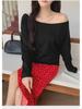 Dark Blue Off-the-Shoulder Long-Sleeve Women's Slimming Autumn Top