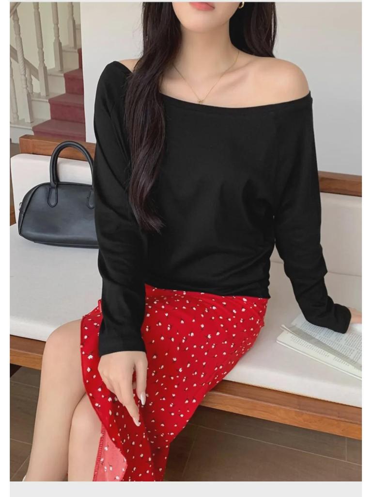 Dark Blue Off-the-Shoulder Long-Sleeve Women's Slimming Autumn Top