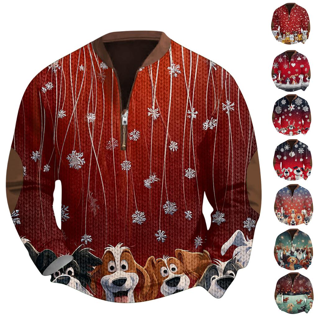 Mens Christmas Sweater Zip Up Sweatshirts Vintage Knit Graphic Sweatshirt Xmas Stand Collar Pullover