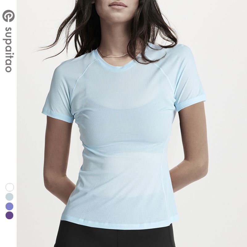 

Non-Exchangeable Non-Returnable] Silm Yoga Clothing Top Short Sleeve Workout Clothes Quick-Drying Lightweight Running Exercise T-shirt Sweat-Absorbent Glacier Blue S