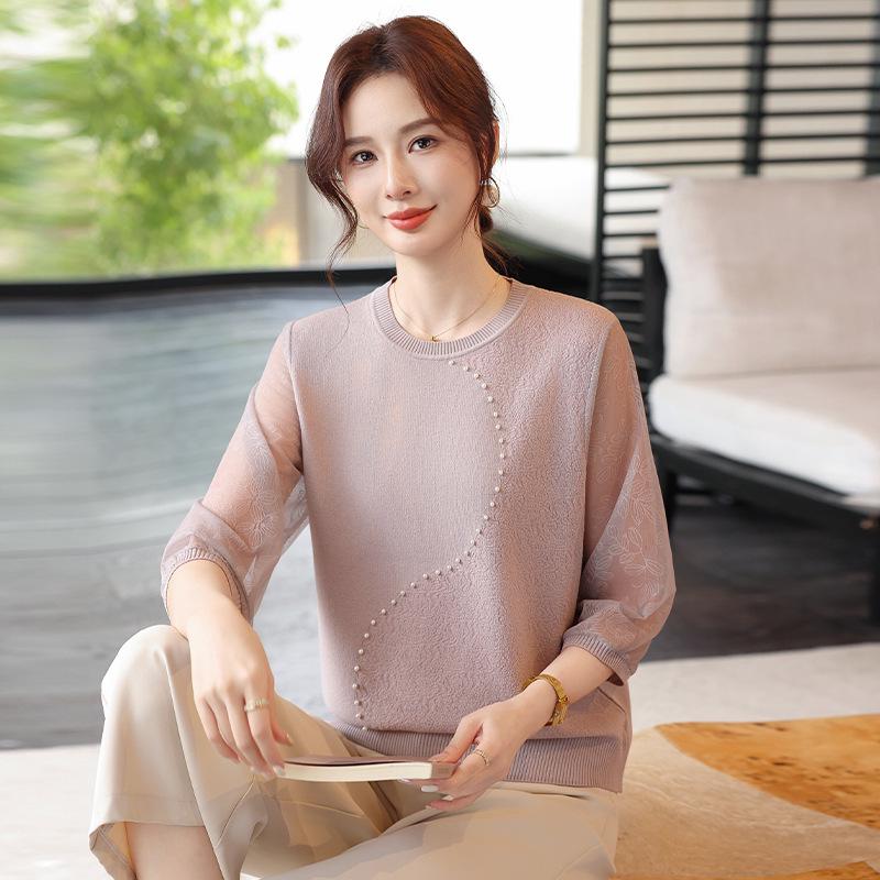 

2026 Stylish Beaded Knitted Top with Seven Sleeves for Middle-Aged and Elderly Women - Age-Reducing Spring/Summer Wear 5XL (150-165 Jin) розовый/фиолетовый