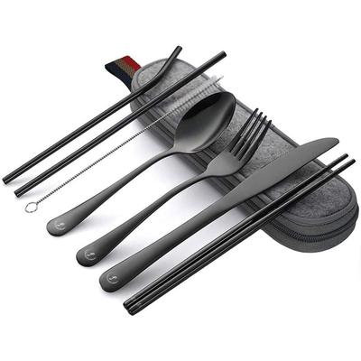 SOVIFKI Camping Chopsticks Spoon Set Cutlery Outdoor Fork Knife Straw Tableware Set with Case Black Portable Stainless Steel