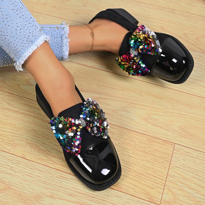 Sequin Bow Single Shoes Autumn New Square Toe Deep Mouth Splice Slip-on Soft Sole Anti-Slip Wear-Resistant Kitten Heels