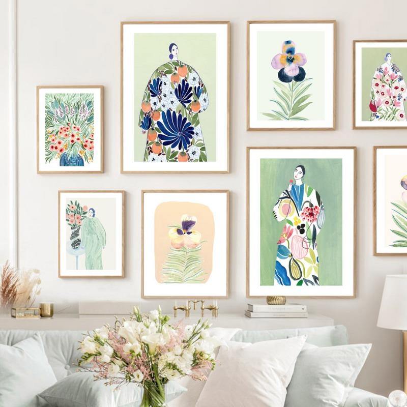 Boho Tulip Vase Woman Flowers Abstract Vintage Posters Prints Wall Art Canvas Painting Club Bar Wall Pictures Living Room Decor