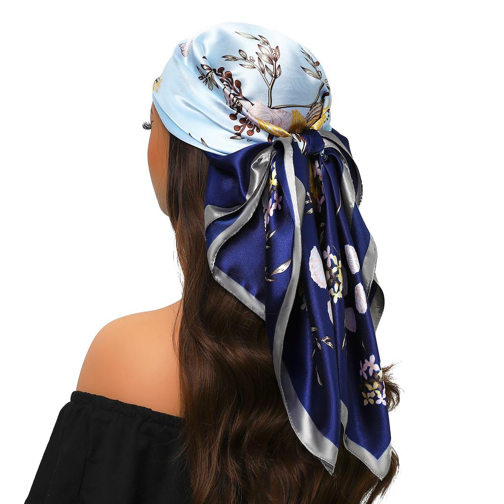 new 90*90cm Vintage Flowers Square Scarf Women Silk Shawl Neckerchief Female Print Headband Head Wraps Foulard Hijab Hair Bands