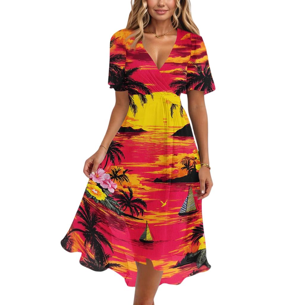 Women's Fashion Casual V Neck Short Sleeve Ruffled Vintage Printed Dresses