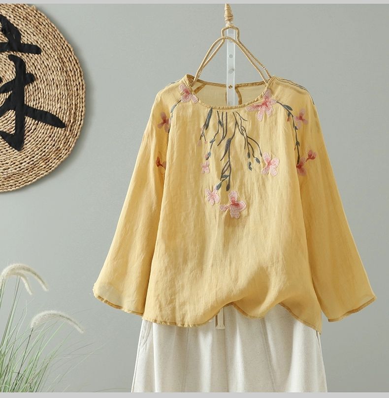 Cotton and linen embroidered blouse long-sleeved shirt women's summer new fashion and light loose casual large-size cotton and linen top
