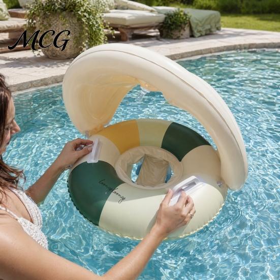 Aufblasbarer Schwimmring Baby mit abnehmbarem Verdeck, Gestreifter Pool Schwimmring Sitz Schwimmgriff, Sonnenschutz Schwimmen für Kleinkinder Kleinkind