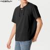 INCERUN Vintage Mens Summer Short Sleeve Lace Up Neck Solid Color Casual T-shirts Tops