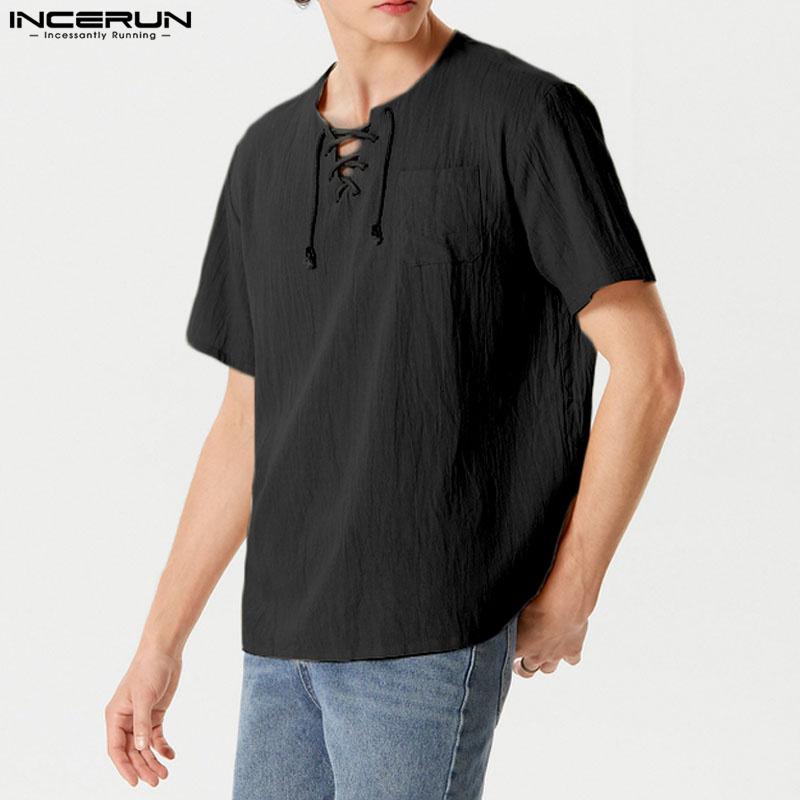INCERUN Tricouri Topuri Casual de Vară pentru Bărbați Vintage cu Mânecă Scurtă, cu Șireturi la Gât, Culoare Solidă