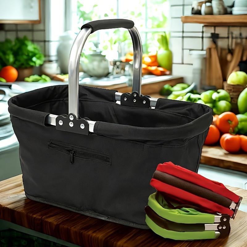 Foldable Aluminum Frame Basket with Large Zippered Side Pocket, Foldable Oxford Cloth Shopping Basket, Insulated Basket, Portable Picnic Basket