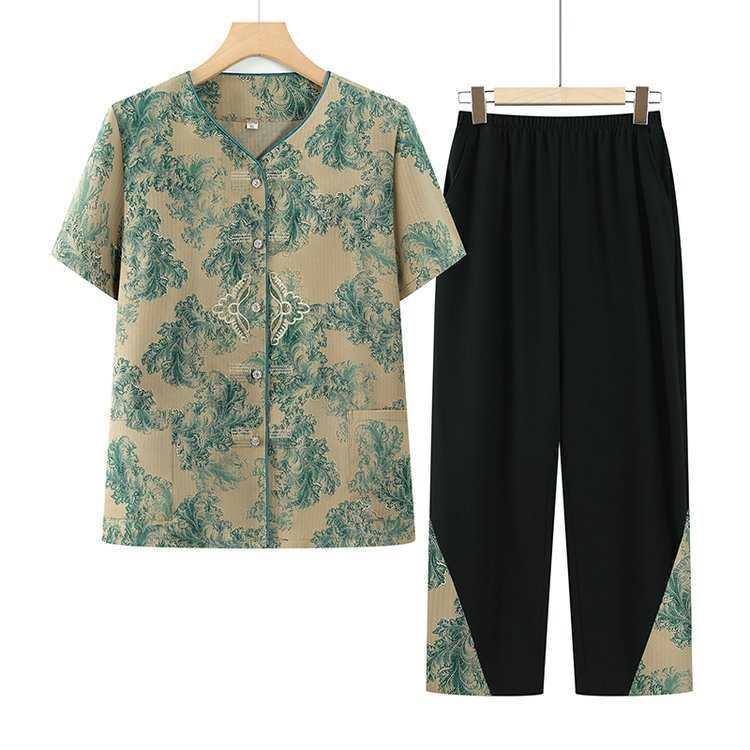 Elderly Women's Chinese Style Short Sleeve Shirt & Pants Set