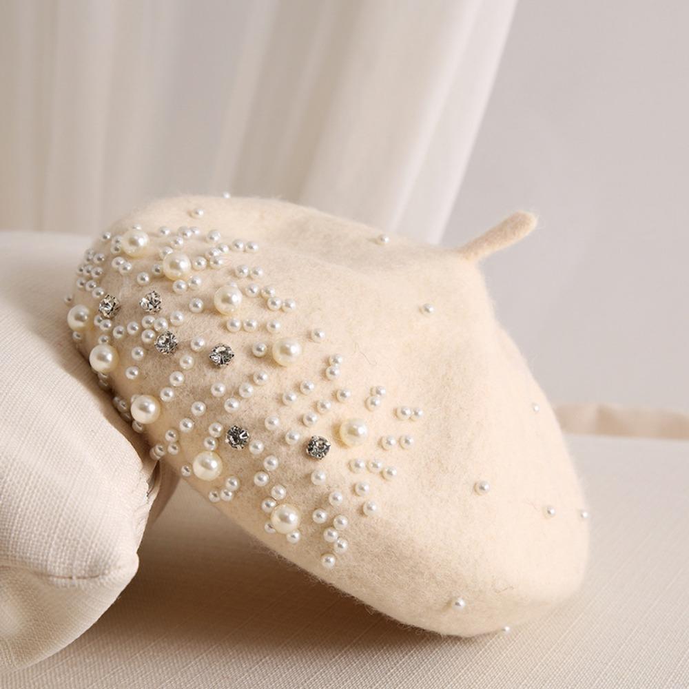 Retro Pearl Wool Beret Hat Autumn Winter British Style Women s Pumpkin Hat Multi Colored Rhinestone Painter Hat бежевый