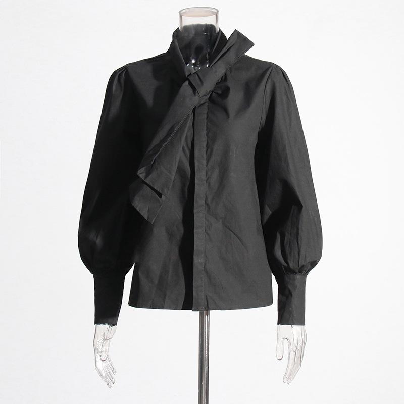 

Европейская и американская мода: 2025 г. Однобортная рубашка с длинным рукавом и струящимся шарфом M чёрный