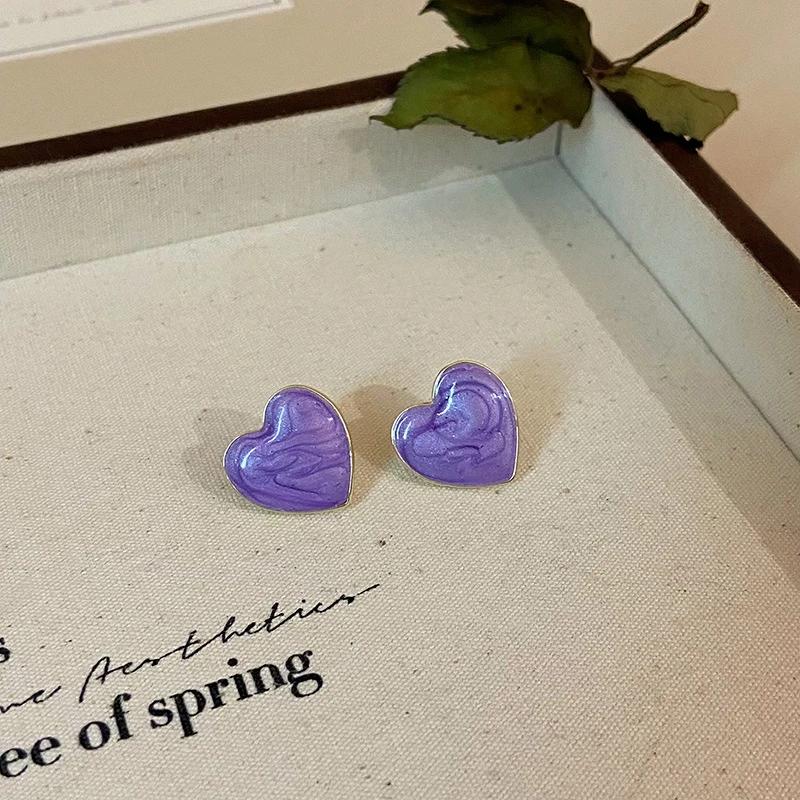 

Big Heart Purple Color Stud Earring for Women Simple Enamel Glaze Personality Zircon Christmas Halloween Girl Gift