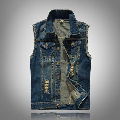 Erkek Kore Tarzı Dar Kesim Yırtık Denim Motosiklet Yeleği - Büyük Beden Trend Yelek