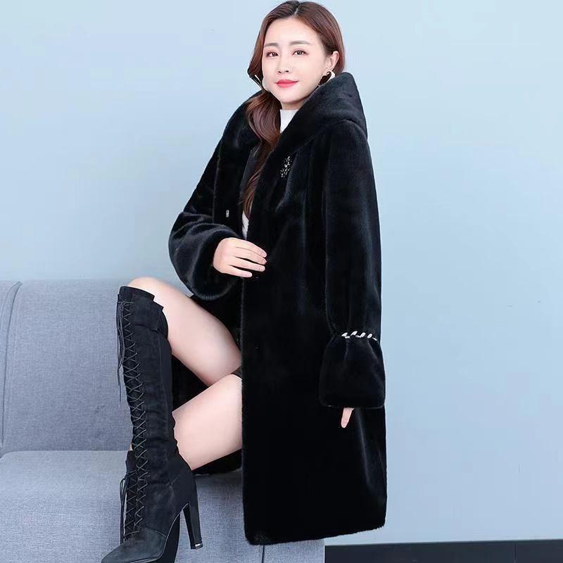 New Hooded Imitation Mink Imitation Fur Imitation Mink Coat Women's Medium and Long Coat Winter