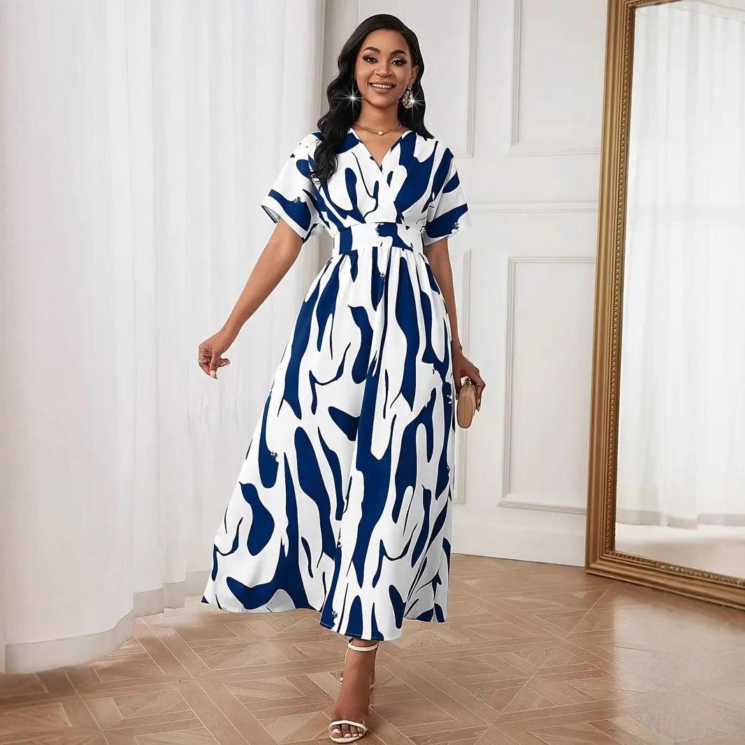 

Women s V-Neck Short Sleeve Abstract Print Maxi Dress with Flowy Skirt S зелений