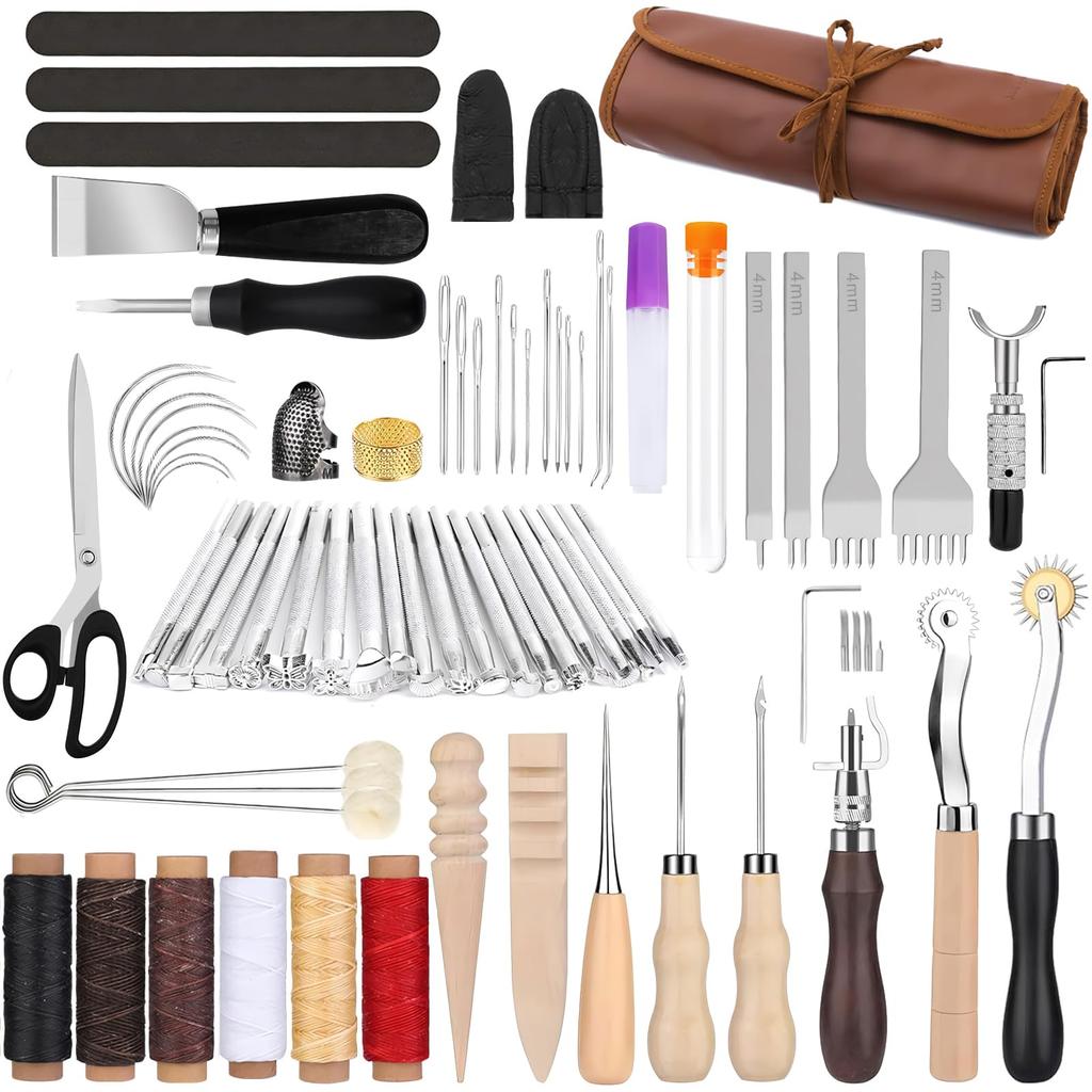 Samcos Leathercraft Leather Tool Set with Custom Storage Includes Leather Waxed Rimming Diamond Edge for Hand Leathercraft Kit, Bag, Awl, Knife,