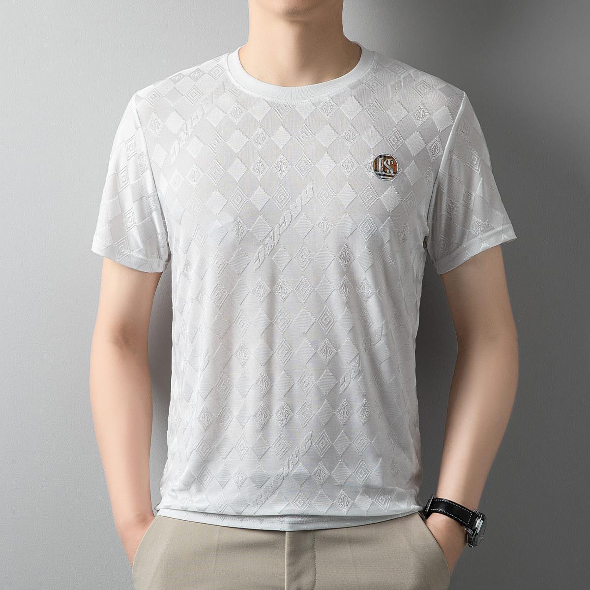 Высококачественная футболка из ледяного шелка с короткими рукавами, мужская летняя дышащая жаккардовая футболка с круглым вырезом и половиной рукавов, модная повседневная тенденция M