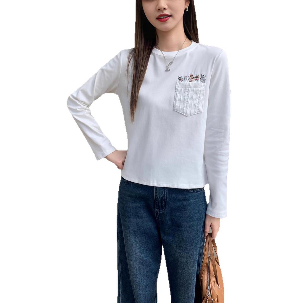 2026 Women's Korean Style Long Sleeve T-shirt with Cat Embroidery - White Base Layer
