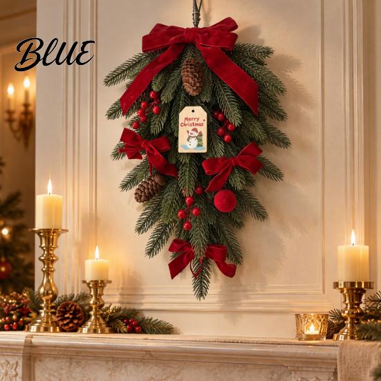 Holiday Wreath with Red Berries Christmas Teardrop Swag LED Lights Artificial PE Pine Hanging Decoration Lighted Door Bow Pinecones for Front