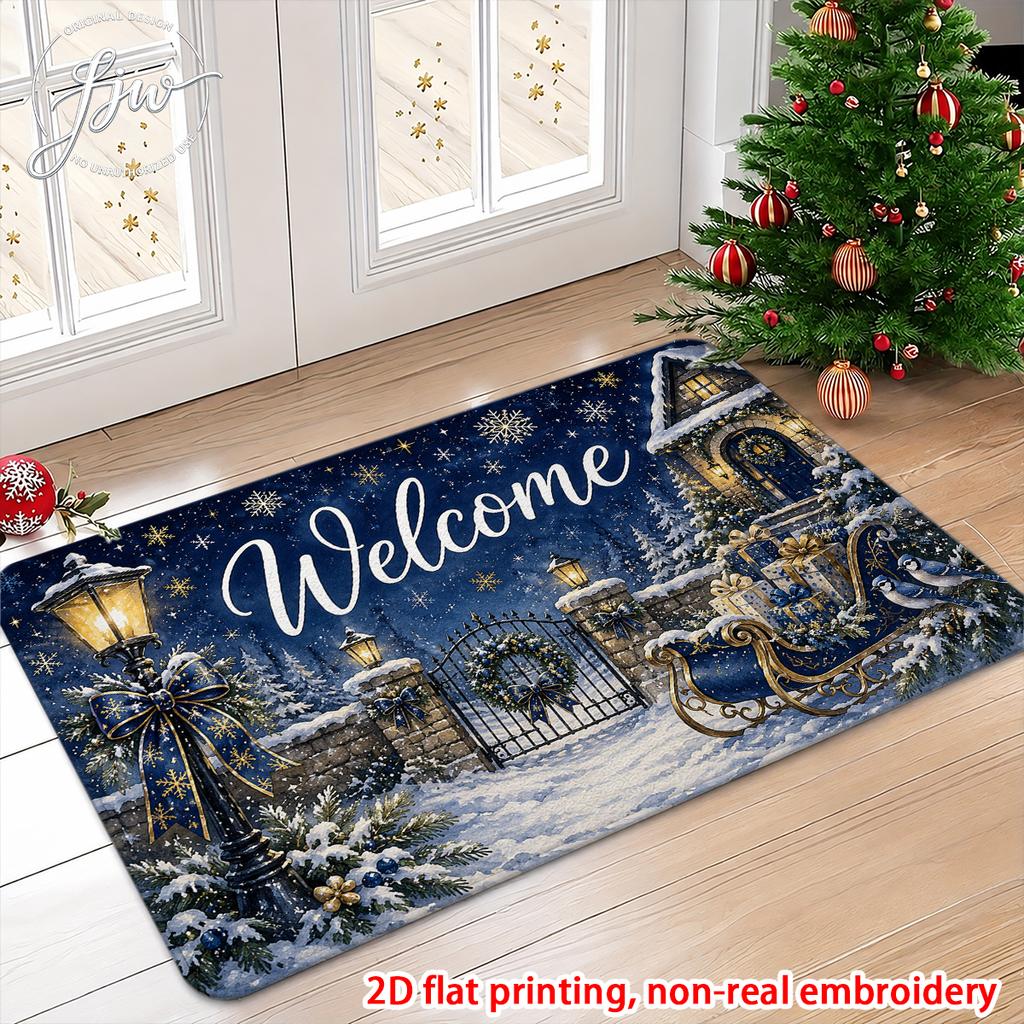1pcs Christmas Welcome Doormat Winter Snow Scene Non-Slip Bathroom Kitchen Floor Mat Holiday Decor Rug