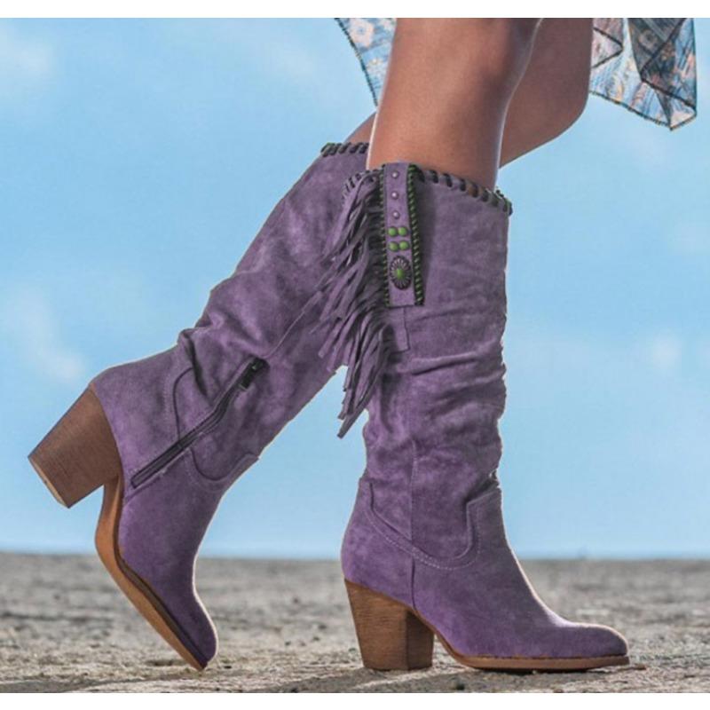 Fashion Women High Boots Trend Retro Metal Buckle Pointed Toe Thick Heel Tassle Western Cowboy Boots Female Shoes Botas De Mujer 43 фиолетовый 4533₽