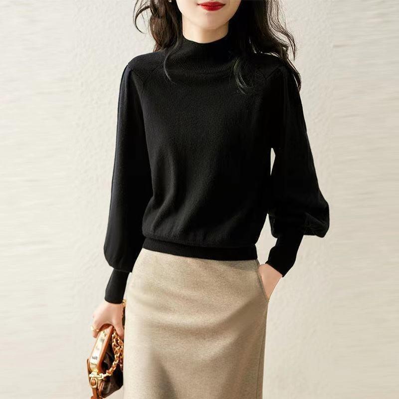 Fashionable Lantern Sleeve Knitwear for Women Autumn High-neck Sweater Tops