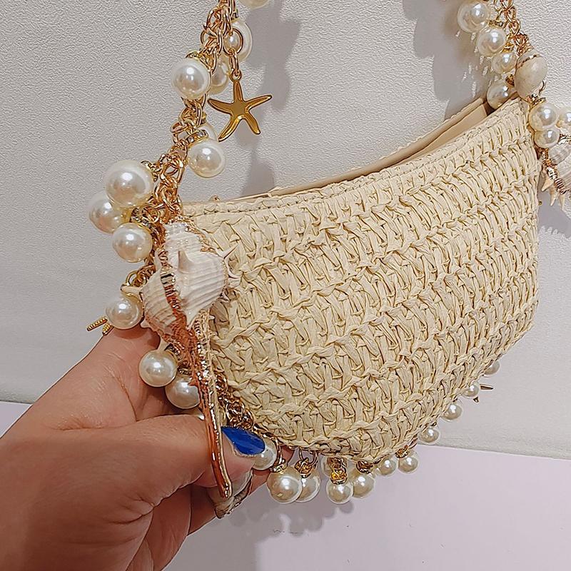 Yogodlns Borsa da Donna Bohémienne in Paglia Perle Conchiglia Borse Intrecciate a Mano Intrecciata a Mano Conchiglia Stella Marina Borsa da Spiaggia Rattan Mezza Luna Borse a Spalla