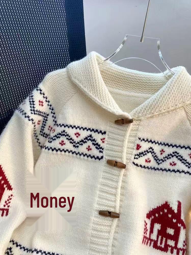 Korean Style Knit Horn-Button Jacquard Sweater Coat - Women's Retro Loose Cardigan for Autumn/Winter