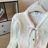 Women's French V-Neck Bow Knit Cardigan - Soft & Cozy Autumn/Winter Sweater