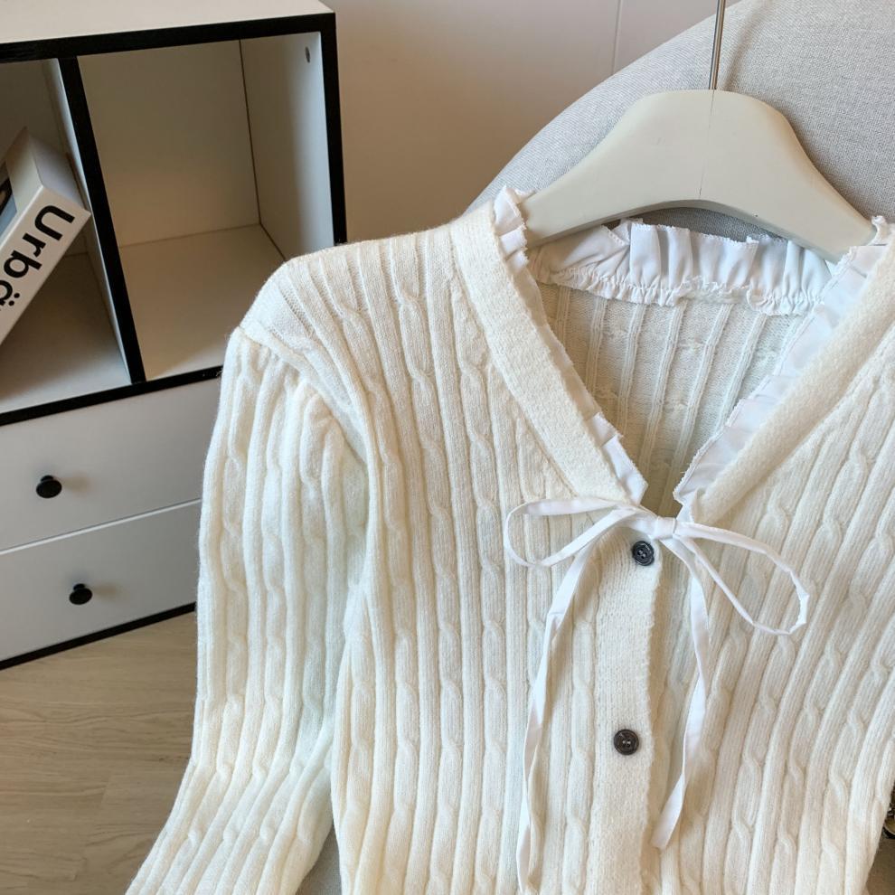 Women's French V-Neck Bow Knit Cardigan - Soft & Cozy Autumn/Winter Sweater