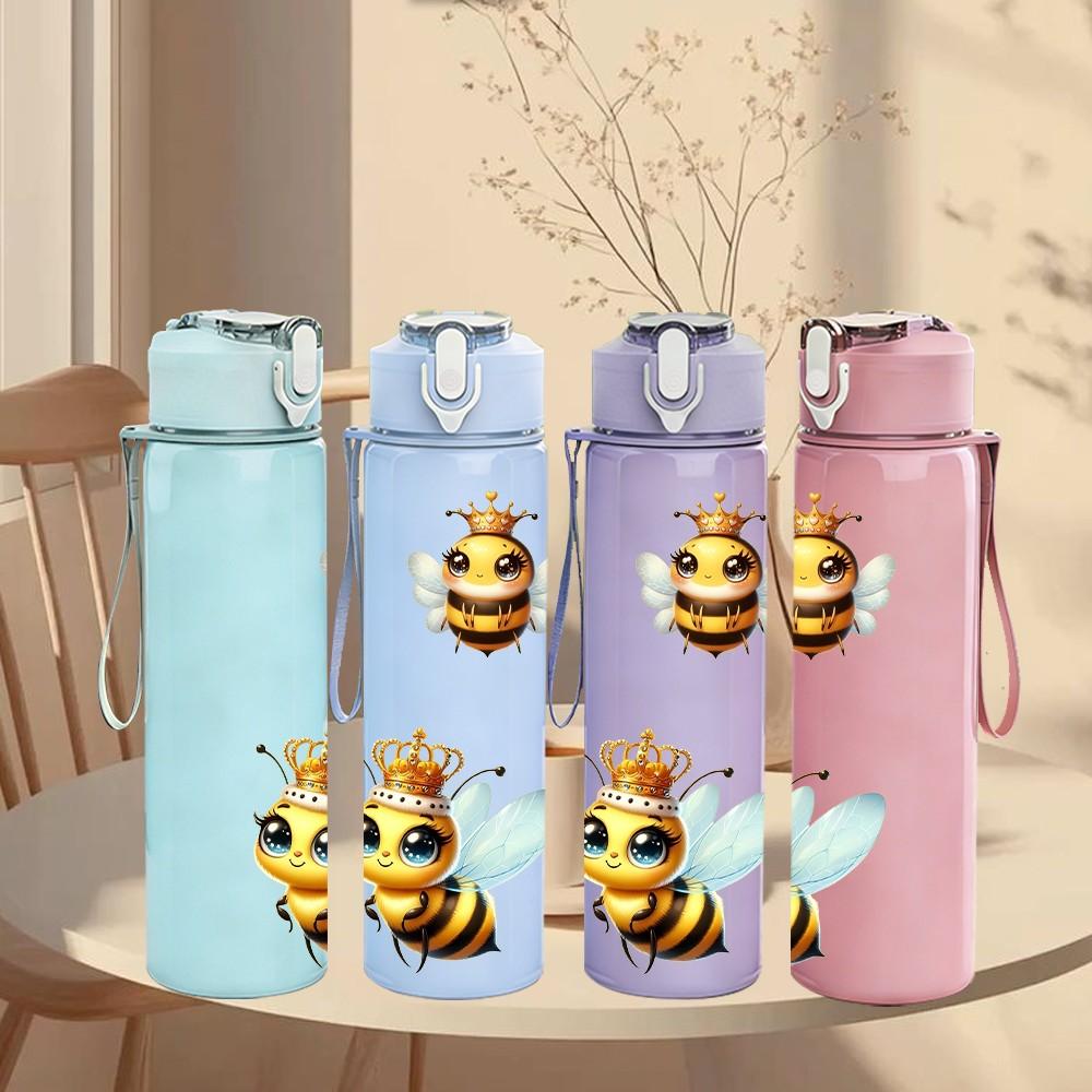 1PC Simple Flying Bumble Bee Print 750ml Color Plastic Sports Water Bottle Leakproof Flip Straw Lid Suitable for Sports Office Home Use