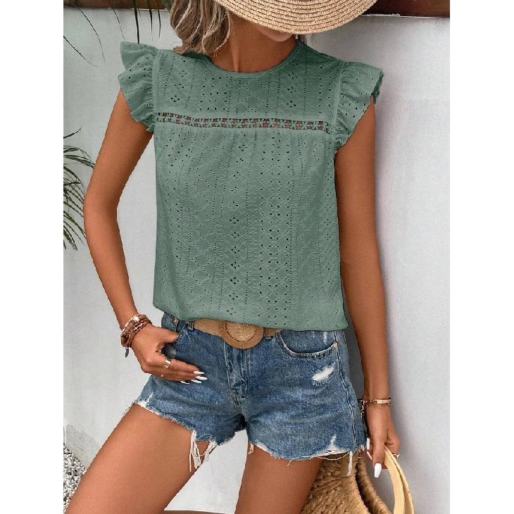 2026 Women's Summer New Round Neck Lace Solid Color Ruffle Short Sleeve Top