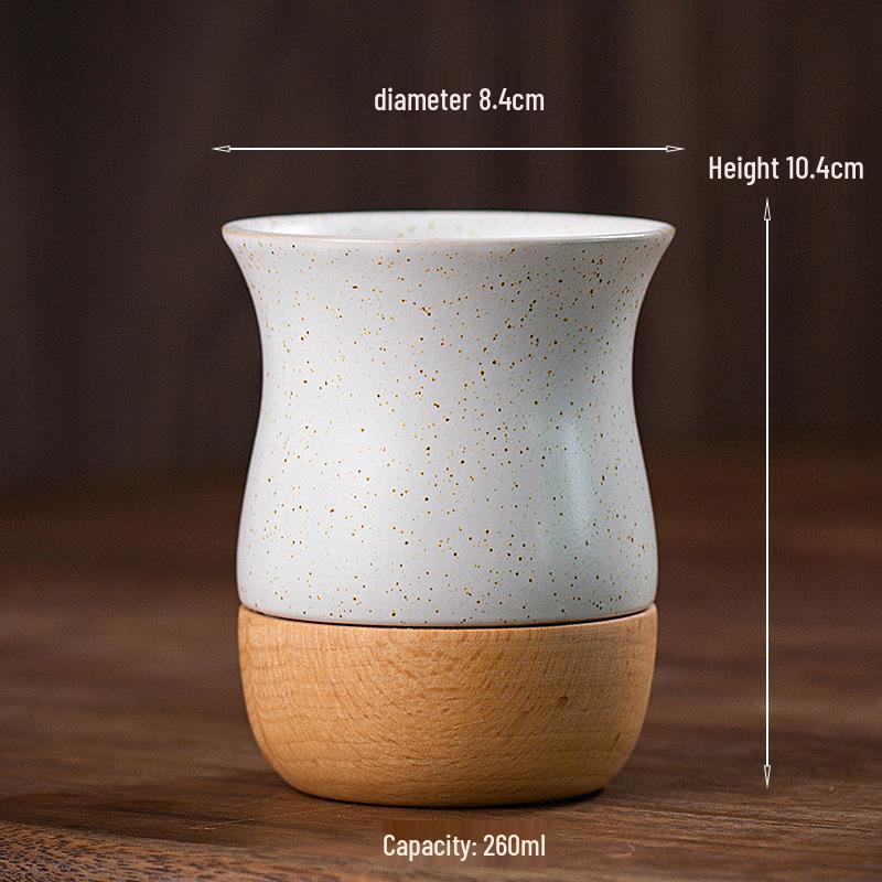 Vintage Coarse Pottery Ceramic Espresso Cup with Wooden Base, Personal Water & Tea Mug for Office