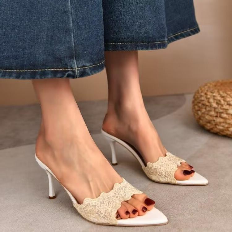 French Champagne Lace Embroidered Pointed High-heeled Slippers Women's Versatile Sexy Celebrity Fish Mouth Stiletto Sandals