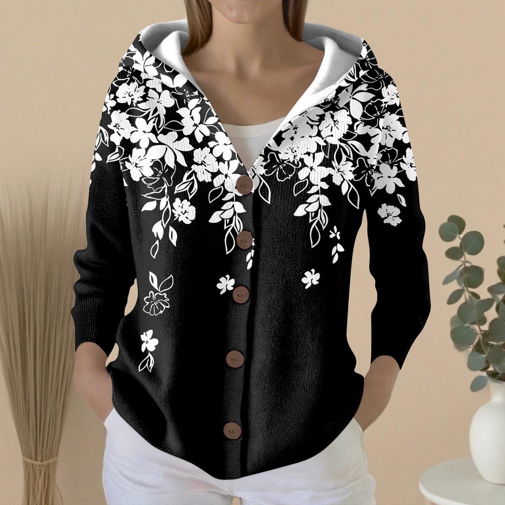 Women's Fashion Casual Sweater Button-Up Print Cardigan  Hooded Jacket