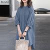 ZANZEA Women Stand Collar Solid Color Loose Long Sleeve Shirt Dress