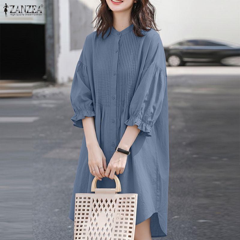 ZANZEA Women Stand Collar Solid Color Loose Long Sleeve Shirt Dress