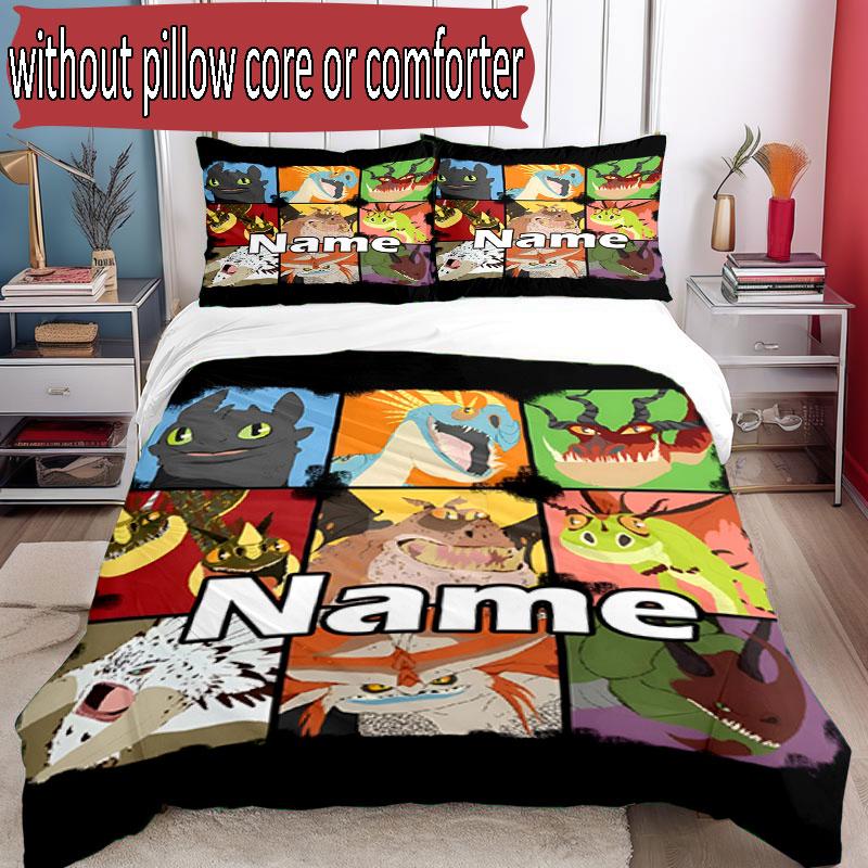 3pcs Duvet Cover Set (1*Duvet Cover + 2*Pillowcase, Without Core), Custom Name How to Train Your Dragon Pattern Bedding Set, Home Bedroom Decor Gift