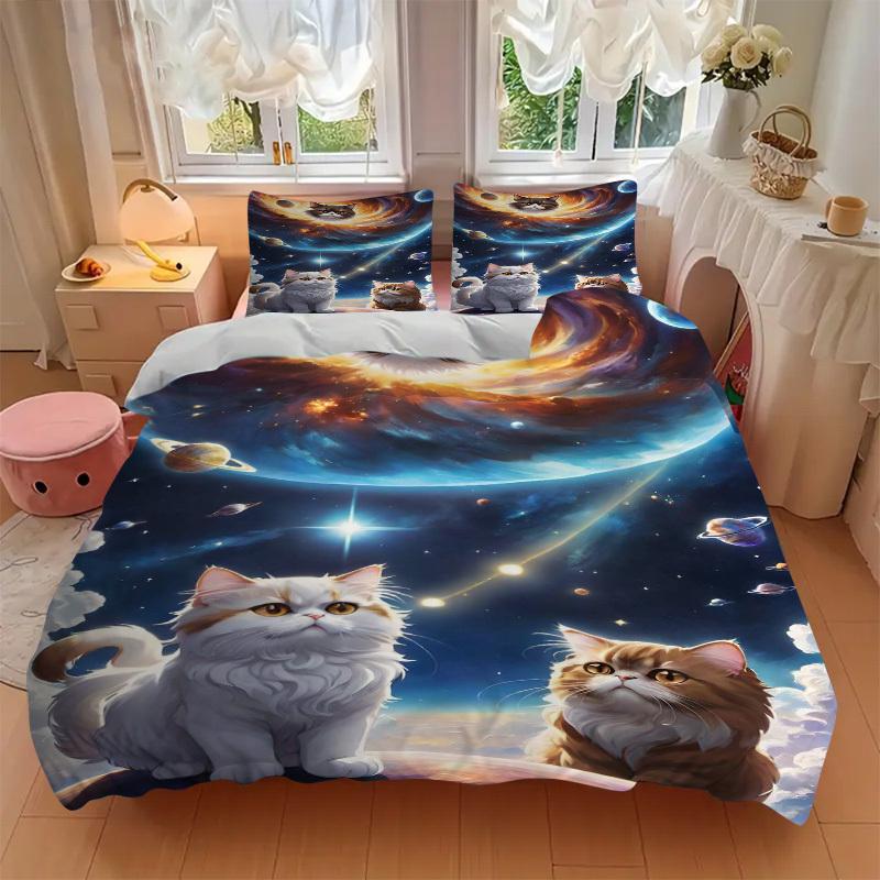 3pcs Anime Cat Galaxy Space Bedding Set - Includes One Quilt Cover and Two Pillowcases (No Core) - Home Decor, Festival Gift, Polyester Fabr