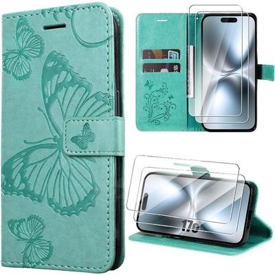 Synthetic Leather Case - BOOLING - for iPhone 17th - Shockproof Butterfly Pattern - Green - 2 Tempered Glasses