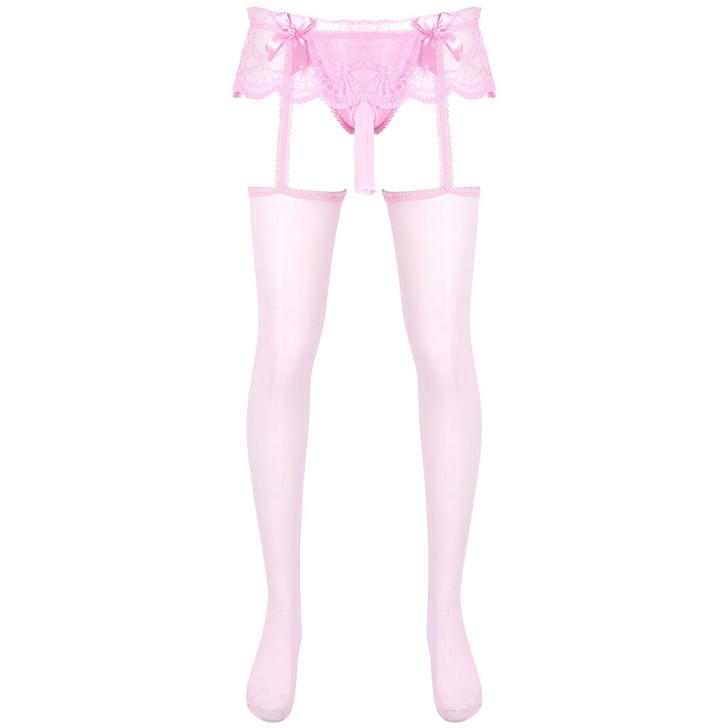 Pánské průsvitné krajkové kalhotky se sukýnkou, vykrojené, s vypouklou kapsou, G-string s lesklými podvazky