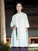 Women's Cotton Linen Stand Collar Cross-Lapel Tie-Up Zen Loose Spring Dress