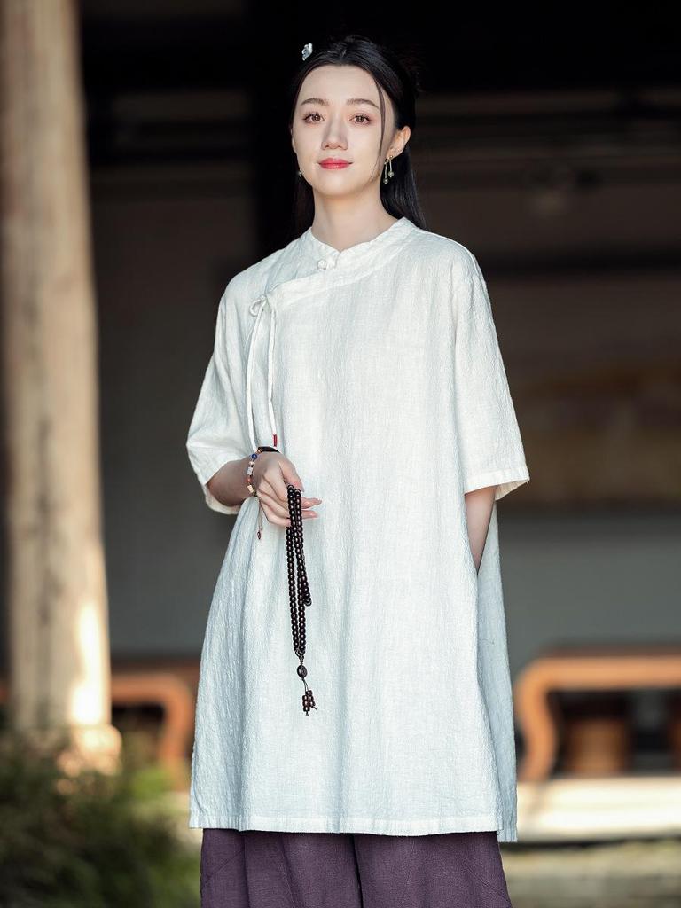 Women's Cotton Linen Stand Collar Cross-Lapel Tie-Up Zen Loose Spring Dress